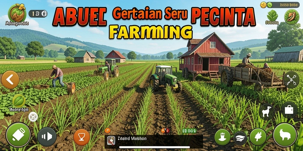 Tampilan gameplay ABUTOGEL dengan ladang yang subur dan hewan ternak.