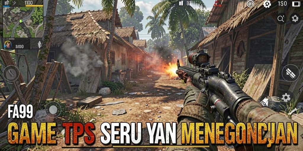Screenshot utama FA99 menampilkan aksi intens pertempuran TPS.