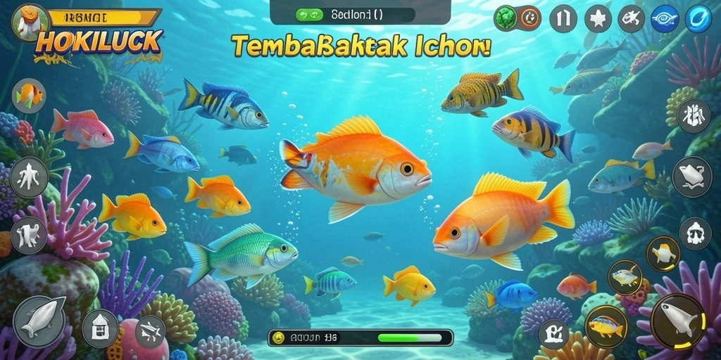Tampilan gameplay HOKILUCK dengan ikan berwarna-warni dan senjata menarik.