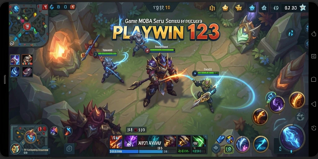 Screenshot gameplay PLAYWIN123 menampilkan aksi pertempuran epik MOBA.