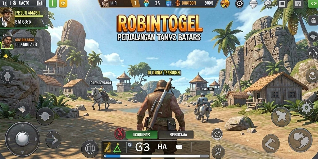 Screenshot gameplay ROBINTOGEL menampilkan aksi petualangan di dunia terbuka.